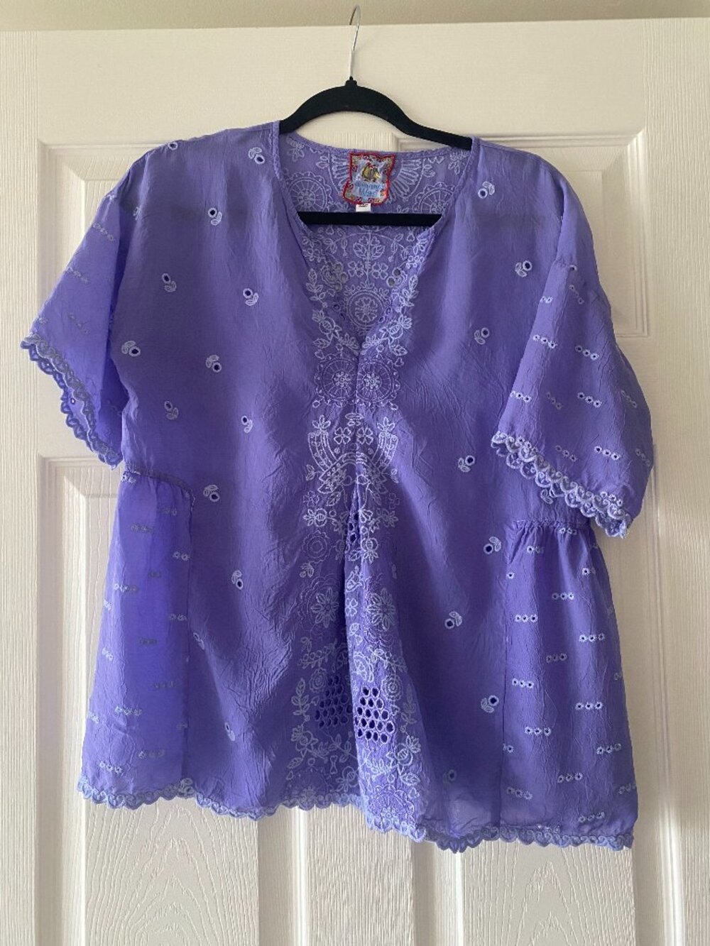 Vintage Johnny Was Purple Embroidered Peasant Blouse XS Boho